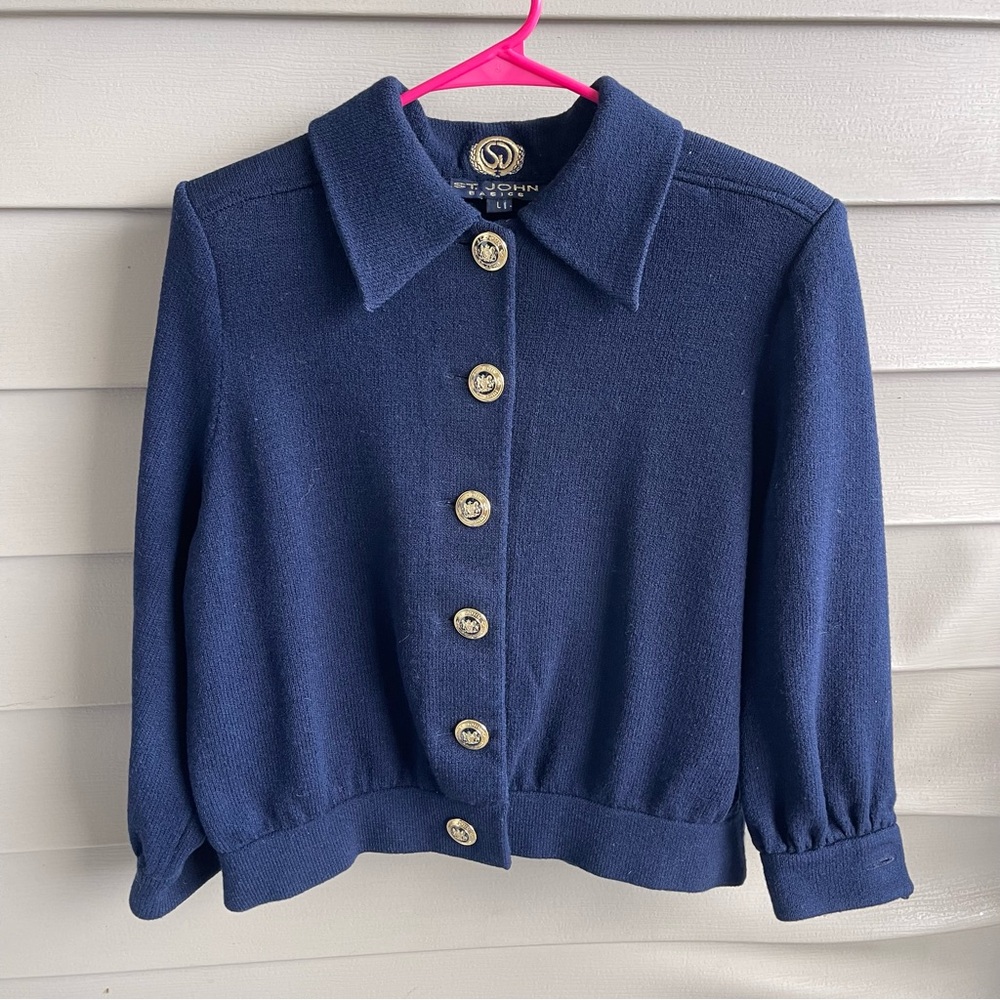St. John Basics Cardigan Womens L Navy Blue Santana Knit Jacket Sweater Luxury